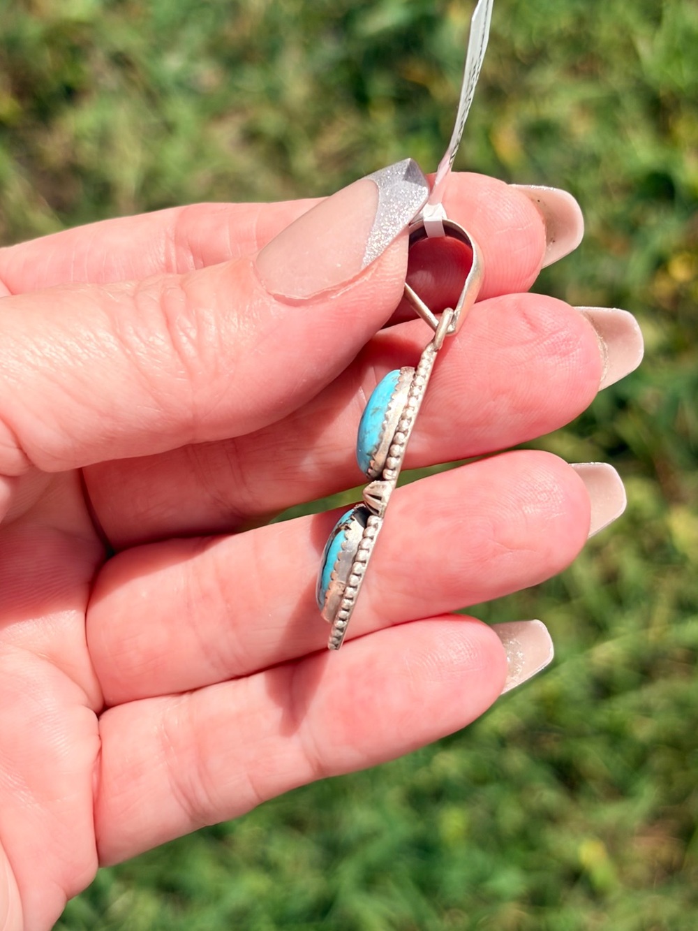 925 Sterling Silver Tonopah Turquoise Double Stone Pendant - Picture 5 of 10